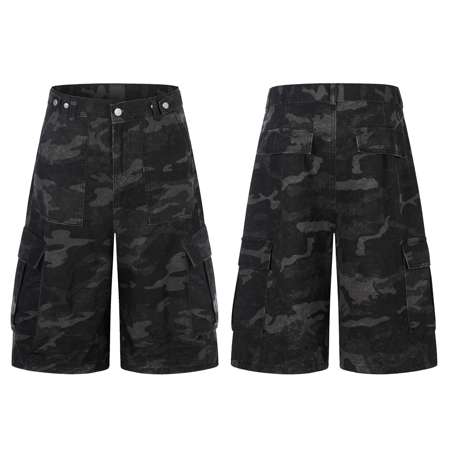 Dark Camo Multi-Pocket Cargo Shorts - Tactical Wide Leg Denim Streetwear Pants