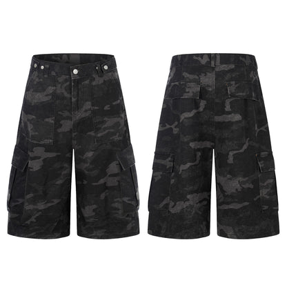 Dark Camo Multi-Pocket Cargo Shorts - Tactical Wide Leg Denim Streetwear Pants