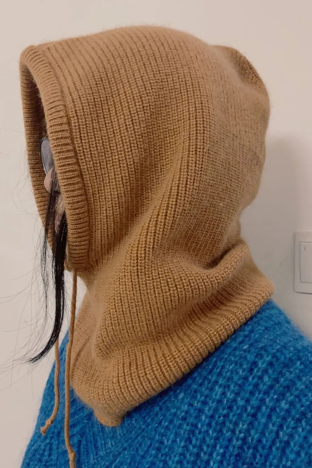 Drawstring Solid Thermal Knit Balaclava Hood | Winter Neck Warmer Hat
