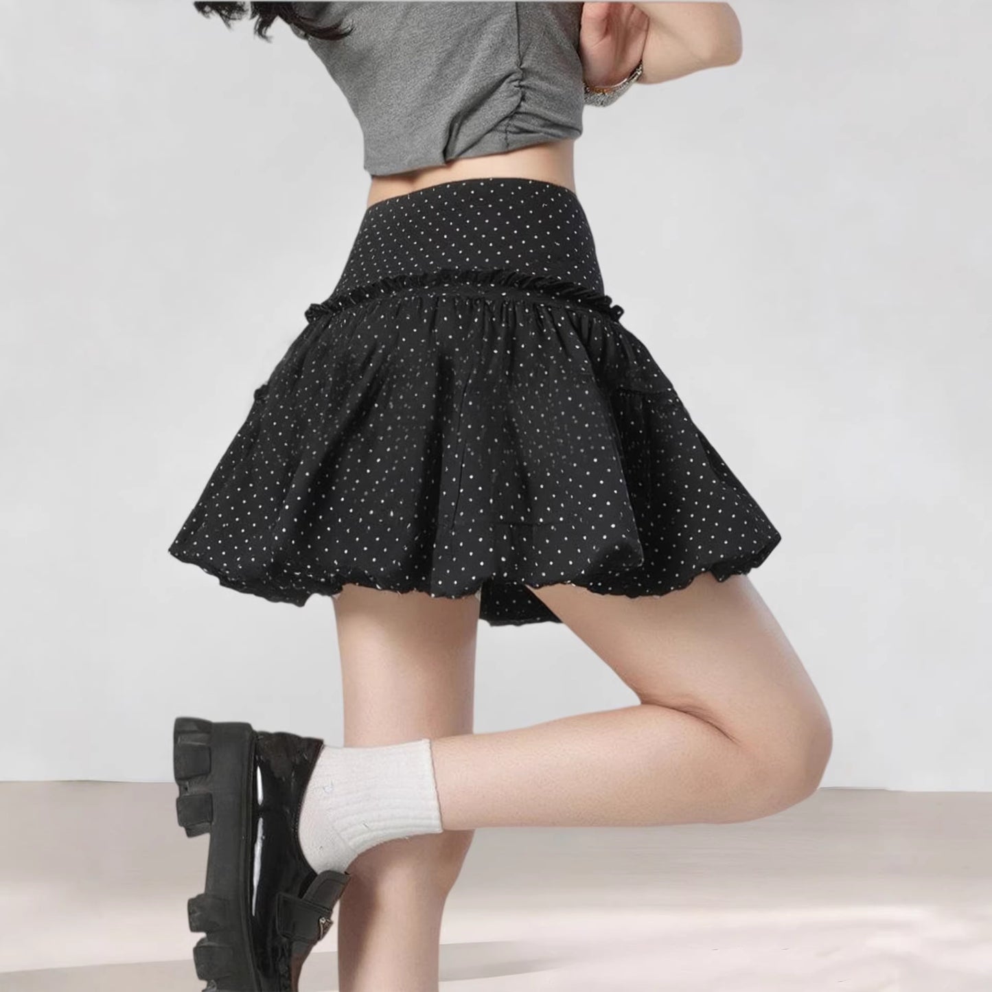 Women's Petite-Friendly Black Lace Trim Polka Dot Mini Skirt