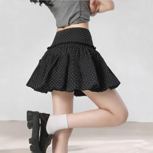 Women's Petite-Friendly Black Lace Trim Polka Dot Mini Skirt