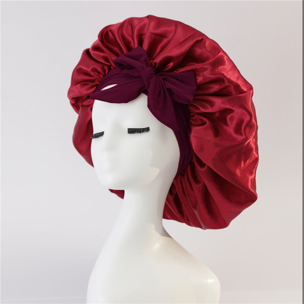 Wide-Brimmed Satin Bonnets with Elastic Ribbon Bow | Solid Color Hairdressing Sleep Cap