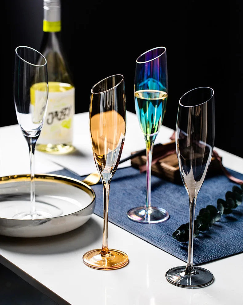 Nordic Bevel Gold Rim Crystal Wine Glass | Creative Slant Cut Champagne Goblet