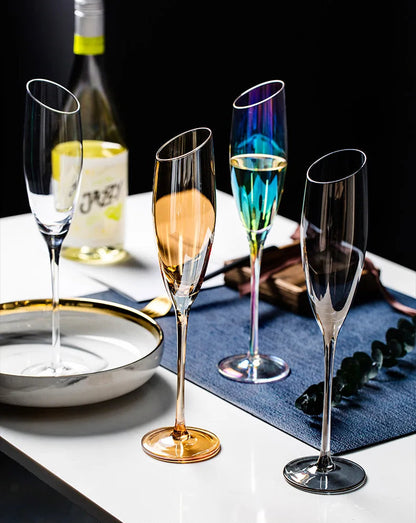 Nordic Bevel Gold Rim Crystal Wine Glass | Creative Slant Cut Champagne Goblet