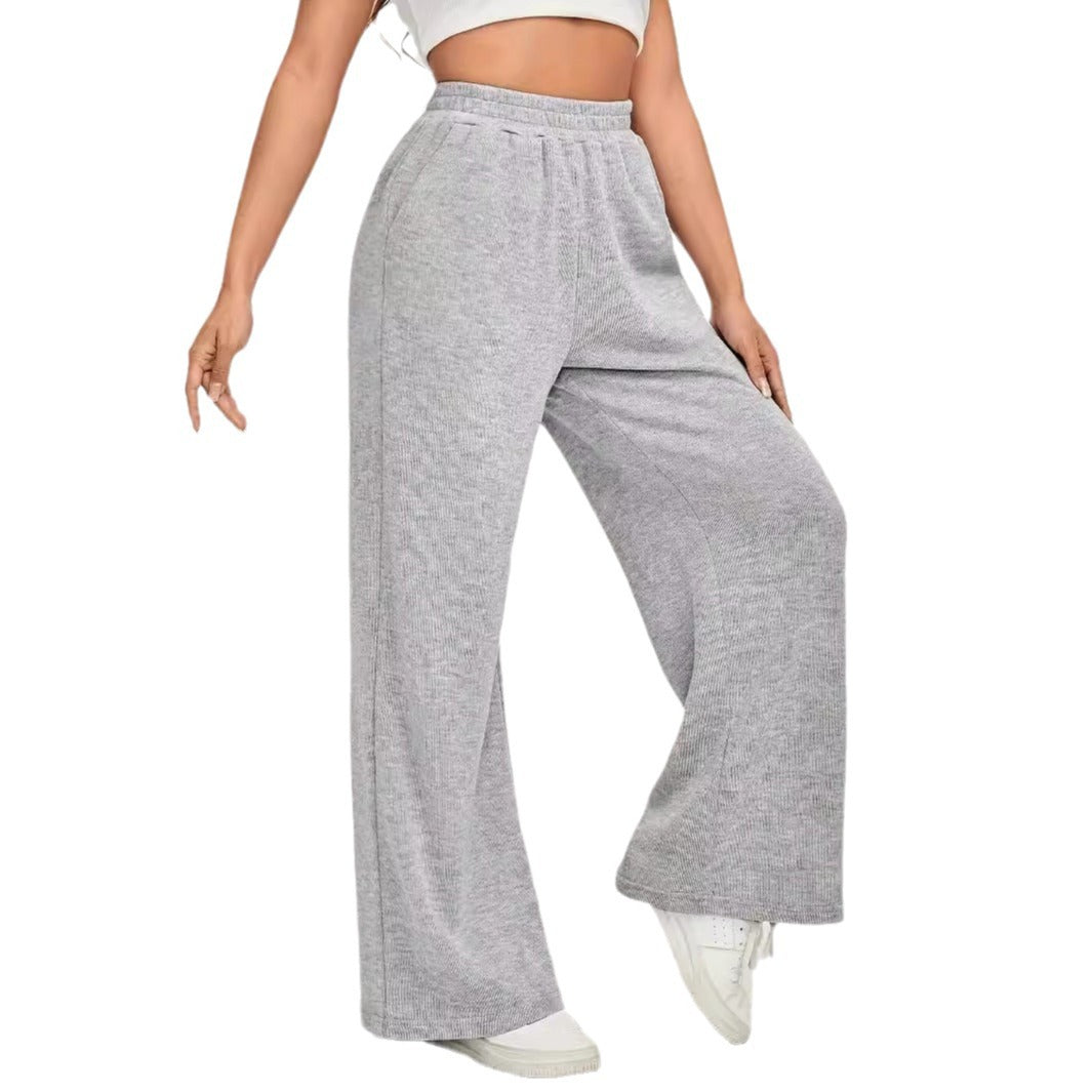 Cozy High Waisted Wide Leg Knit Trousers - Casual Lounge Pants