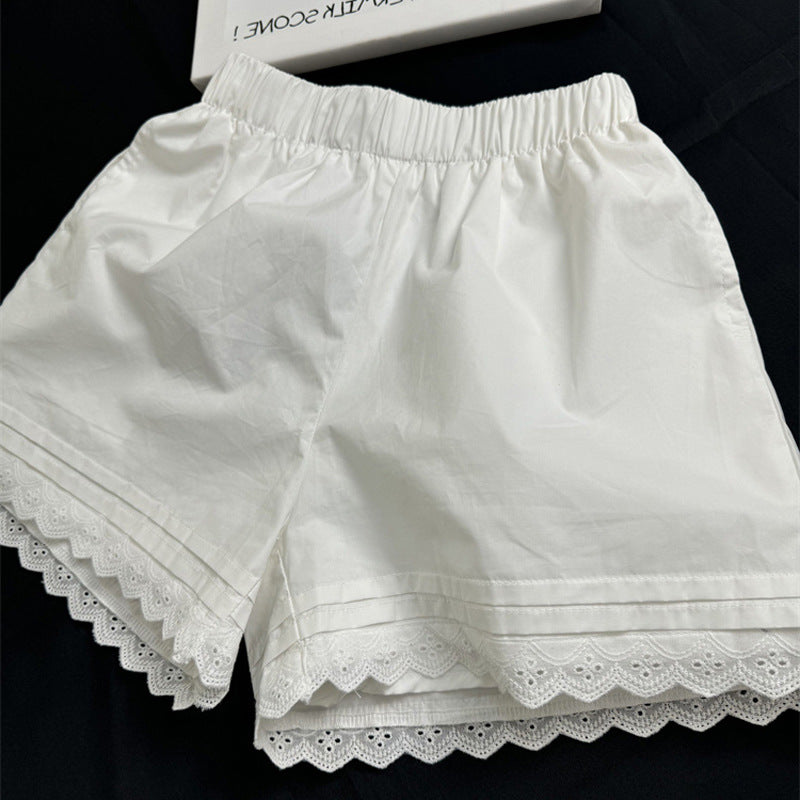 Elegant White Lace Trim Shorts for Women - High Waist Summer Beach Wear