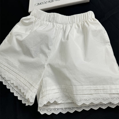 Elegant White Lace Trim Shorts for Women - High Waist Summer Beach Wear