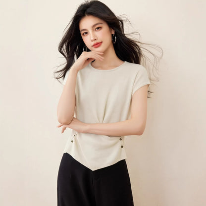Women's Ice Silk Knitted T-Shirt - Short Sleeve Cross Wrap Crop Top