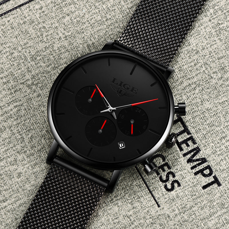 LIGE Men's Ultra-Thin Black Mesh Strap Multi-Function Quartz Watch