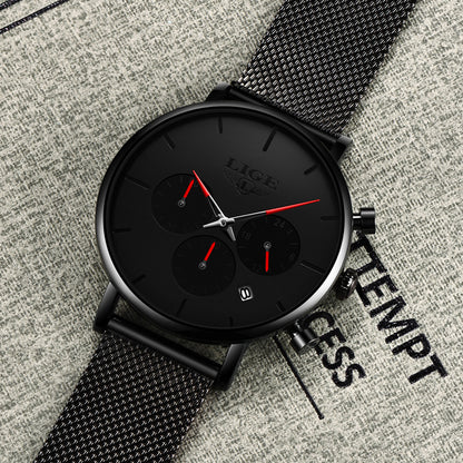 LIGE Men's Ultra-Thin Black Mesh Strap Multi-Function Quartz Watch