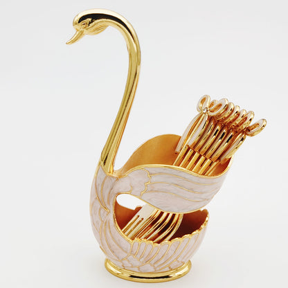 Elegant Swan Holder with Dessert Forks and Coffee Spoons