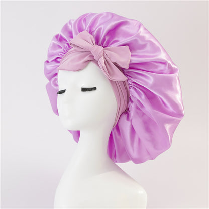 Wide-Brimmed Satin Bonnets with Elastic Ribbon Bow | Solid Color Hairdressing Sleep Cap