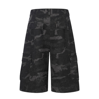 Dark Camo Multi-Pocket Cargo Shorts - Tactical Wide Leg Denim Streetwear Pants
