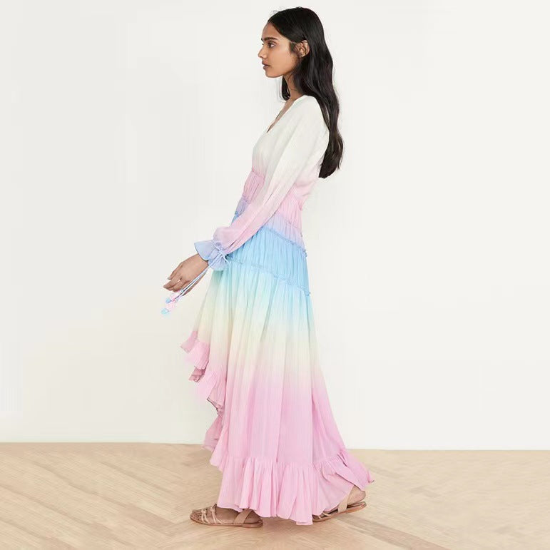 Gradient Sunset Ruffle Maxi Dress - Boho Deep V-Neck Long Sleeve Beach Gown