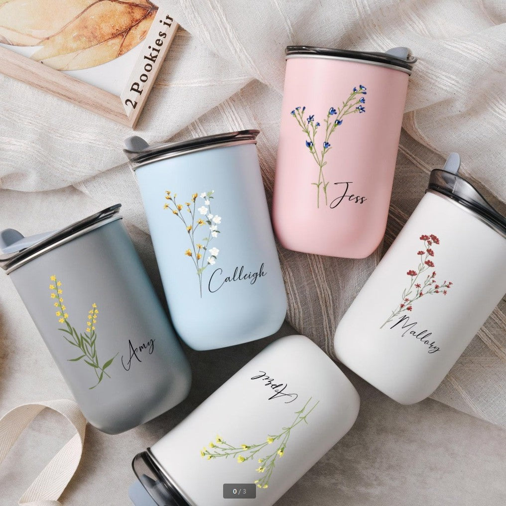 Personalized Bridesmaid Wine Tumbler - Stainless Steel Insulated Cup with Floral Name Design
