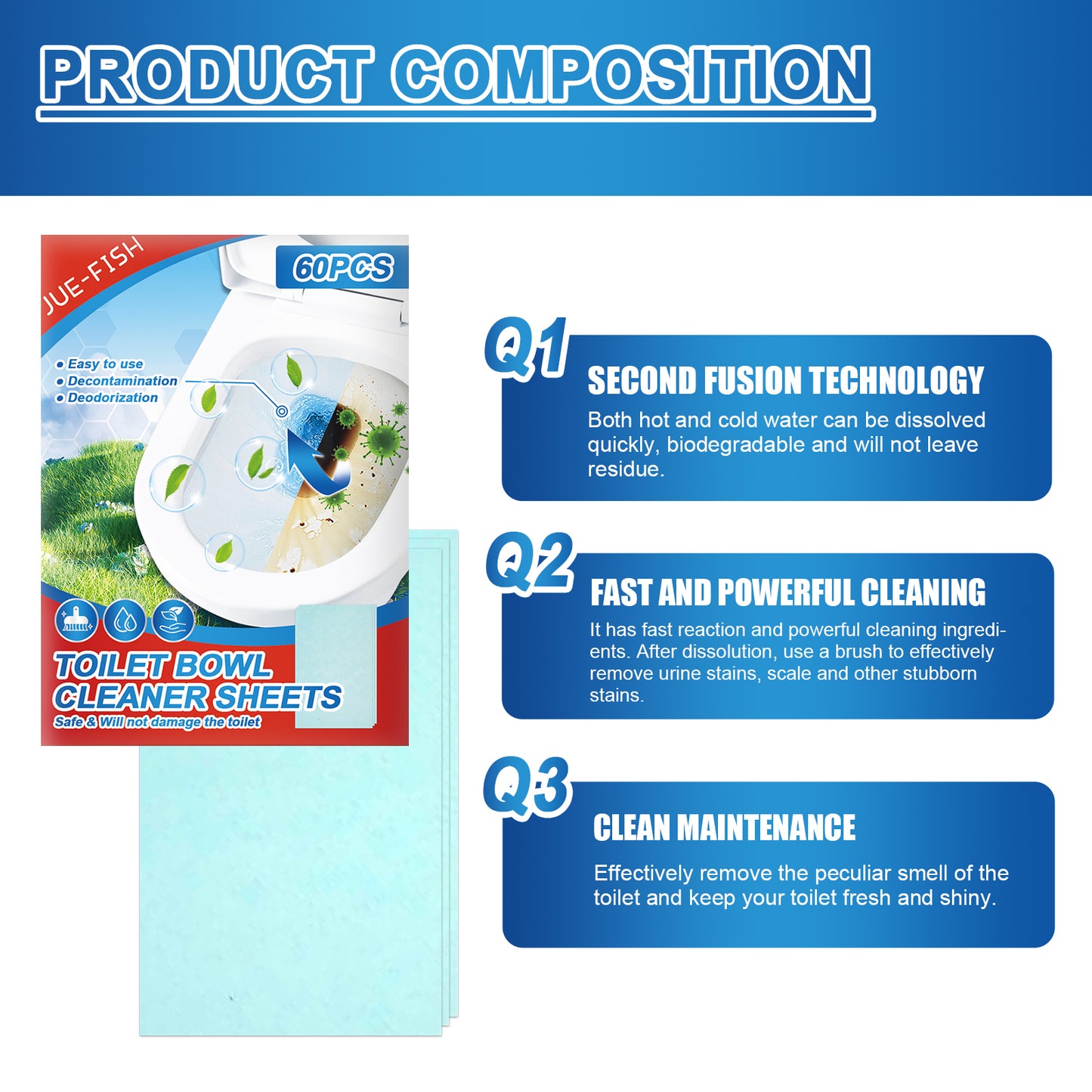 Powerful Toilet Bowl Cleaner Sheets - Automatic De-stain & Deodorizing Tablets