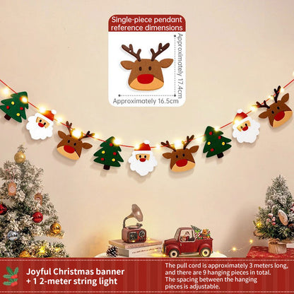 Handmade Christmas Pull String Flag Banner with LED String Lights