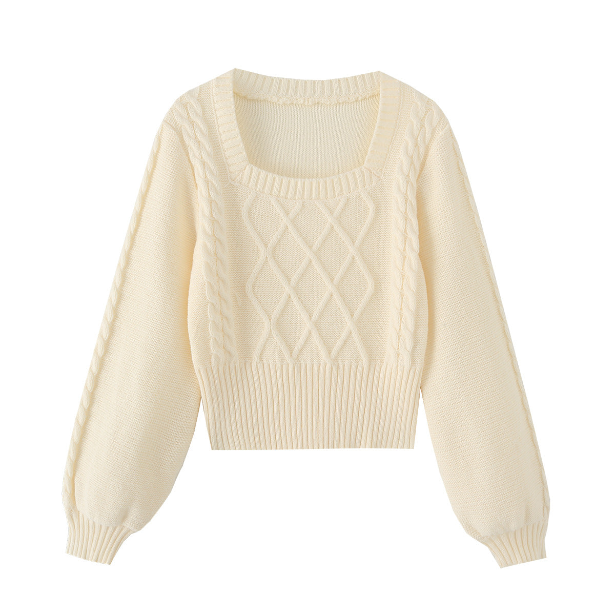 Chic Square Neck Long Sleeve Cable Knit Sweater – Cozy Slim Fit Cropped Pullover for Women