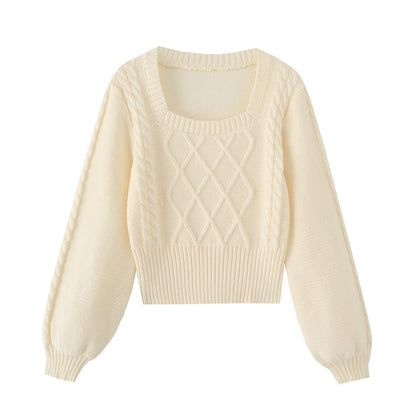 Chic Square Neck Long Sleeve Cable Knit Sweater – Cozy Slim Fit Cropped Pullover for Women
