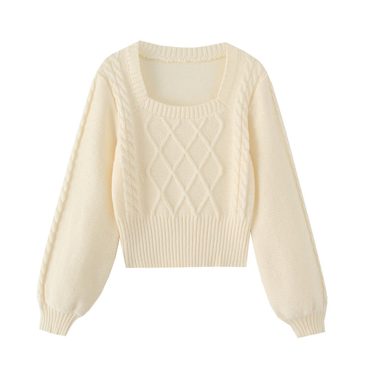 Chic Square Neck Long Sleeve Cable Knit Sweater – Cozy Slim Fit Cropped Pullover for Women