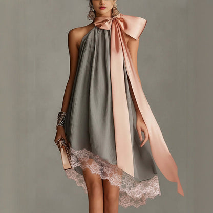Fashionable Loose Satin Ribbon Strapless Summer Vacation Dress with Lace Hem