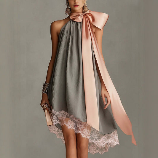 Fashionable Loose Satin Ribbon Strapless Summer Vacation Dress with Lace Hem