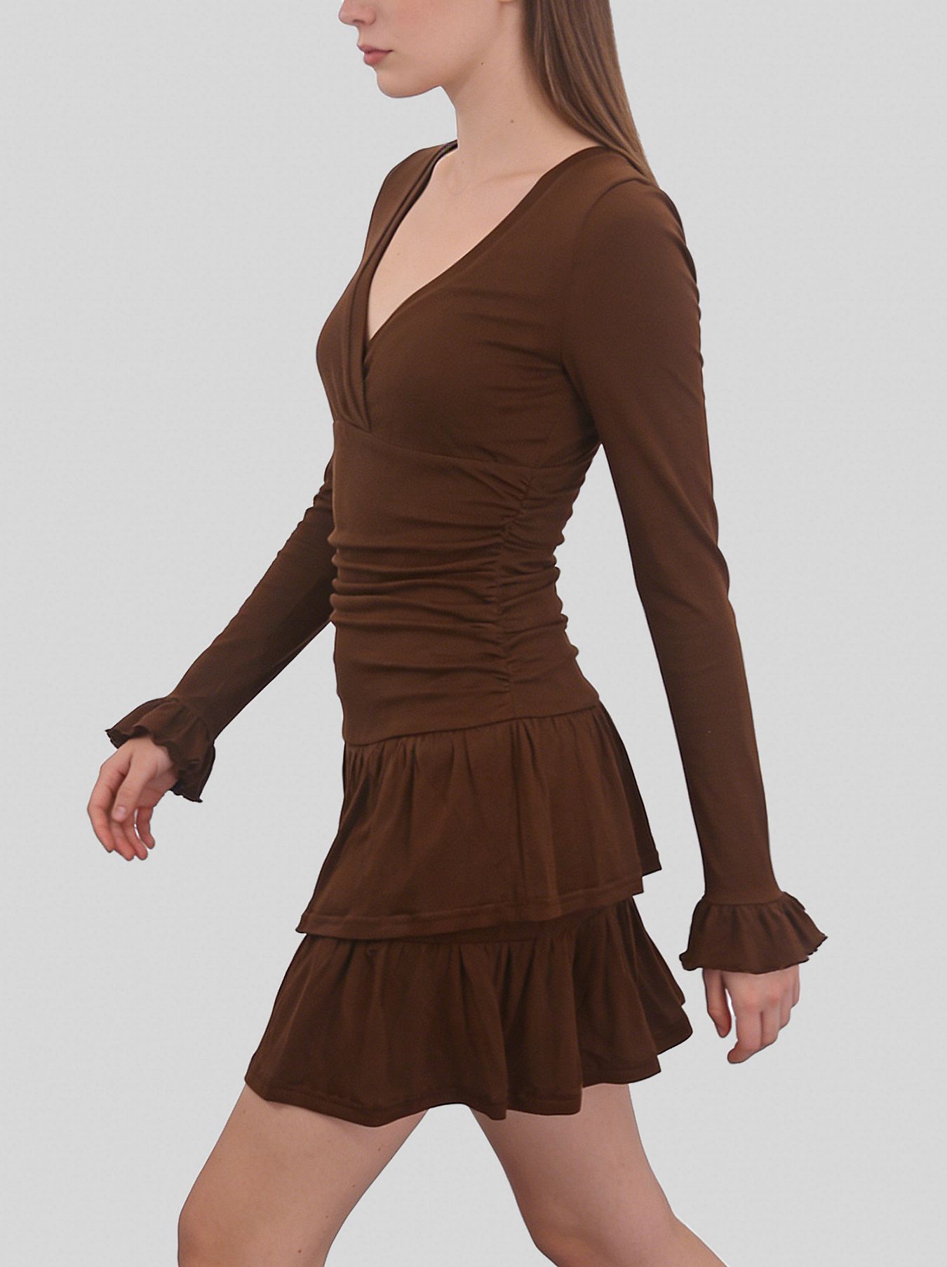 Vintage Brown Multi-Layered Ruffle Mini Dress – Elegant V-Neck Long Sleeve Party Dress