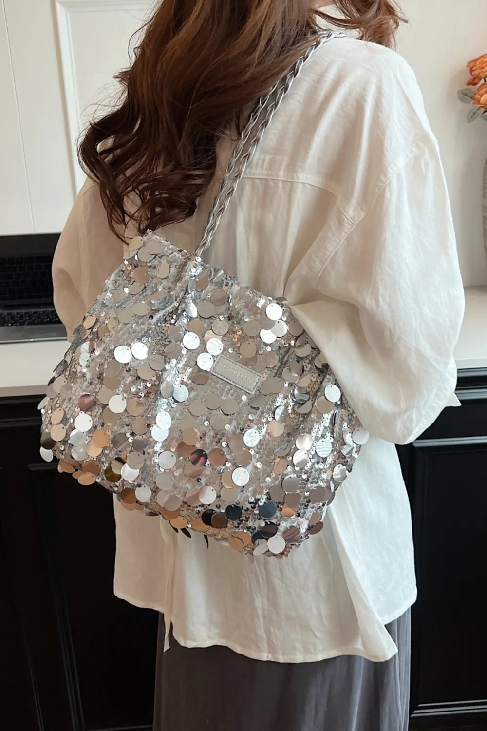 Sparkly Silver Sequin Bag with Braided Shoulder Strap (Hobo Style)