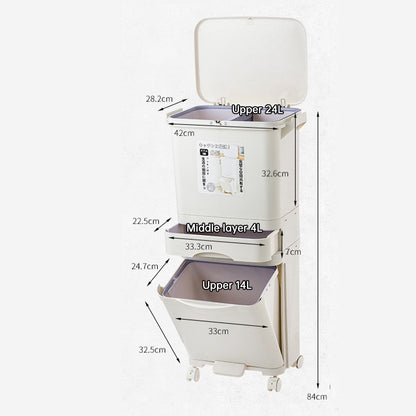 42L Kitchen Trash Can 3 Compartments with Pedal & Wheels