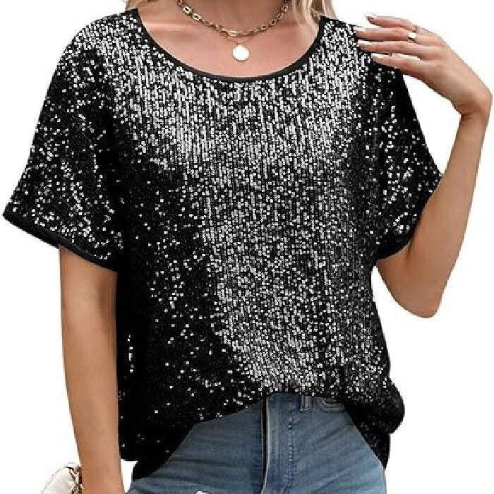 Sparkly Champagne Sequin Party Top - Glamorous Loose Fit Short Sleeve Evening Tee