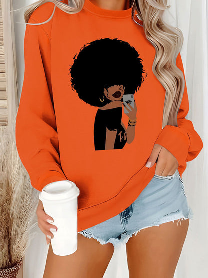 Afro Woman Portrait Print Sweatshirt | Stylish Orange Crewneck Pullover for Women