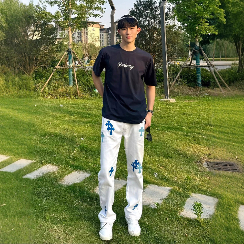Men's Urban Street-Style White Flared Jeans | Graphic Print Slim Fit Denim