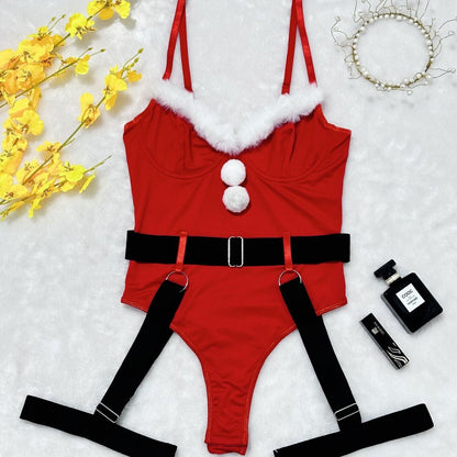 Christmas Plush Spliced Tight Red Jumpsuit Lingerie Set