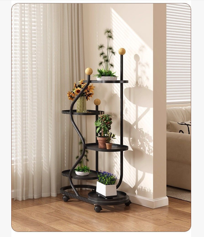 Multi-Layer Mobile Flower Stand with Wheels – Creative S-Shaped Metal Plant Shelf for Balcony