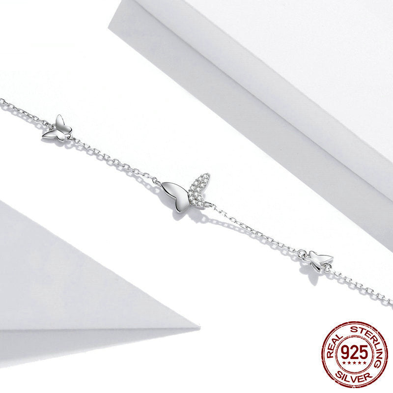 Delicate 925 Silver Link Bracelet with Paved & Solid Butterflies