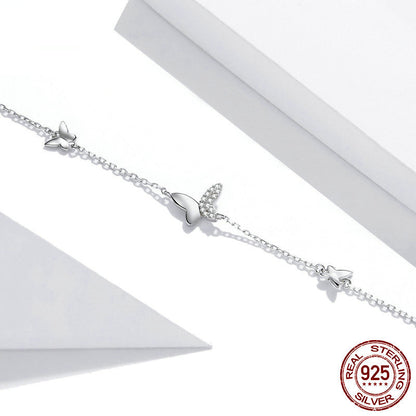 Delicate 925 Silver Link Bracelet with Paved & Solid Butterflies