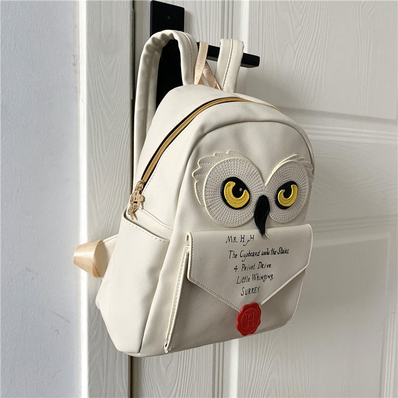 Cute Owl & Letter Patch PU Leather Mini Backpack for Women and Girls - Beige