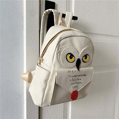 Cute Owl & Letter Patch PU Leather Mini Backpack for Women and Girls - Beige