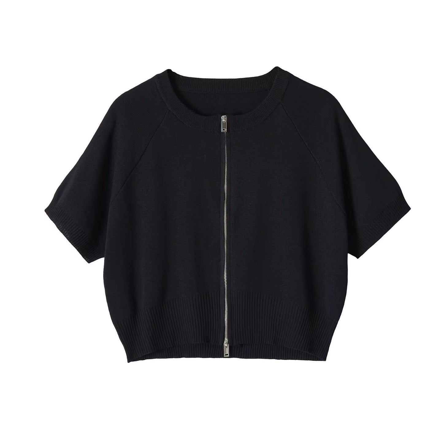 Women's Chic Short Sleeve Knitted Cardigan - Front Zip Casual Crop Top