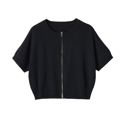 Women's Chic Short Sleeve Knitted Cardigan - Front Zip Casual Crop Top