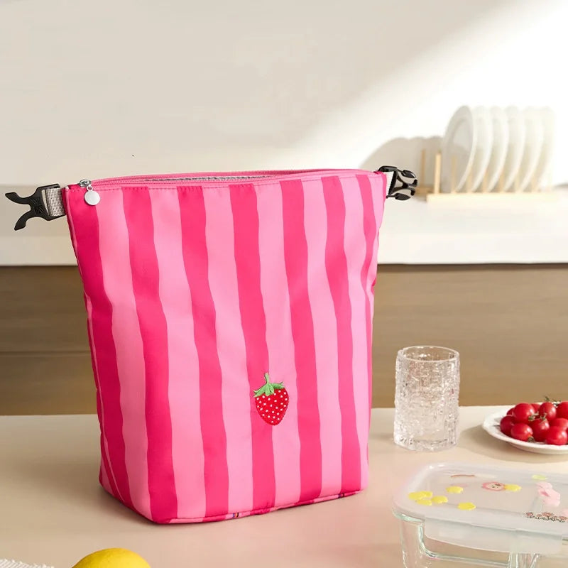 Cute Pink Striped Insulated Lunch Bag - Folding Roll-Top Large Capacity Bento Cooler Bag