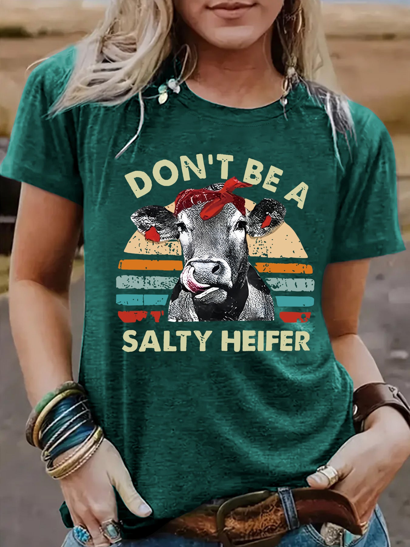 Funny Cow Pattern Printed Round Neck Short Sleeved Shirt | 'Don't Be A Salty Heifer' Graphic Tee