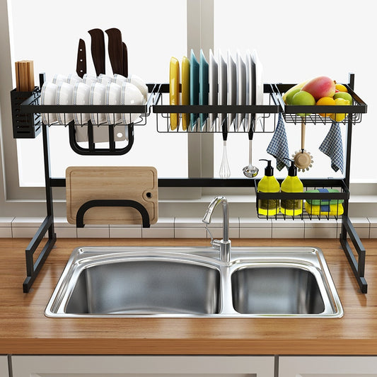 Over the Sink Dish Drying Rack - 2-Tier Stainless Steel Kitchen Organizer & Storage Space Saver (Black, 65/85cm)