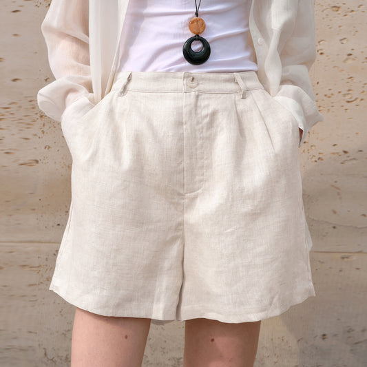 Elegant Pure Linen High-Waisted Shorts - Minimalist Wide-Leg Casual Trousers