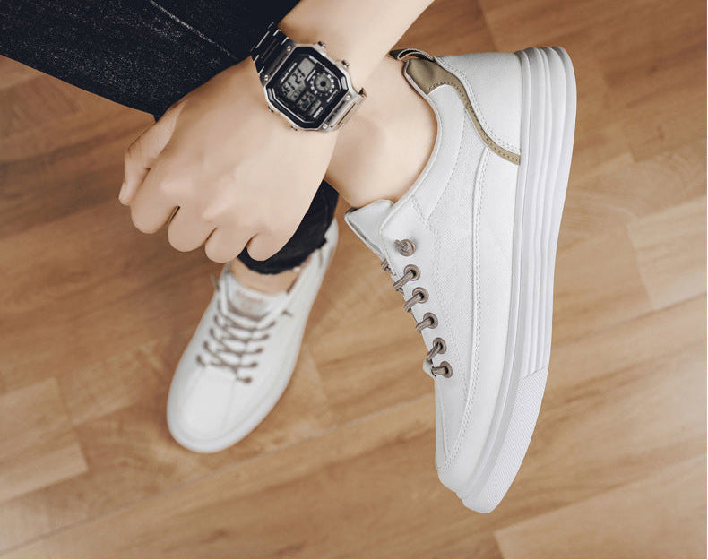 White sneakers worn on a wooden floor with text about fashion rules.