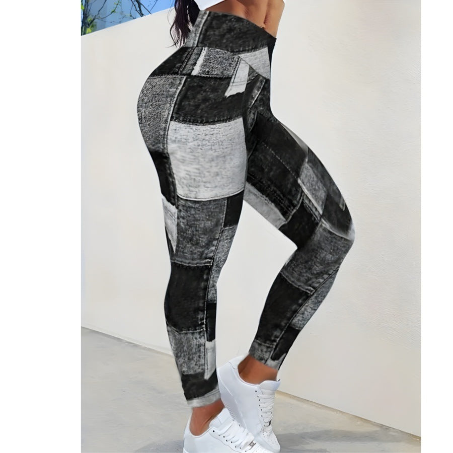 Denim-Like Plaid Patchwork Fitness Pants - High-Waisted Tummy Control Yoga Leggings
