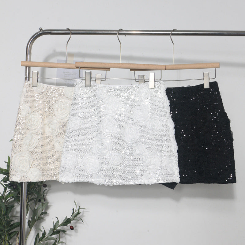 Glamorous White 3D Flower Sequin Mini Skirt - Elegant Floral Wrapped Hip Skirt