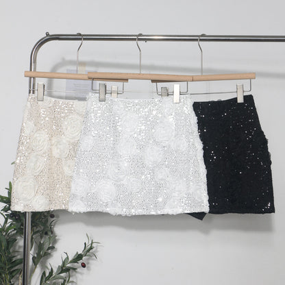 Glamorous White 3D Flower Sequin Mini Skirt - Elegant Floral Wrapped Hip Skirt