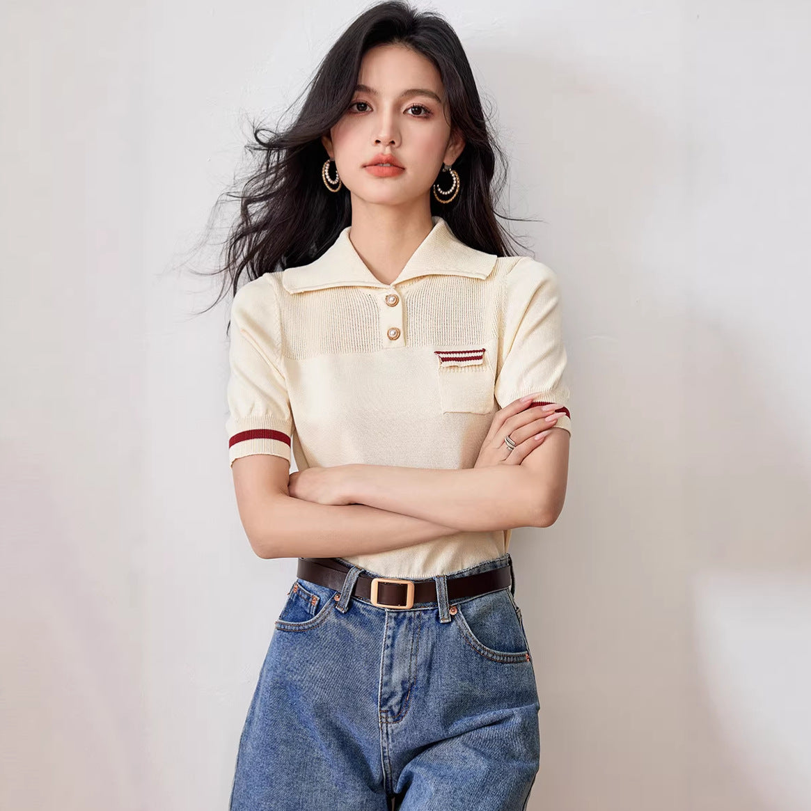 Vintage Apricot Polo Neck Knit Top - Summer Loose Short Sleeve Shirt