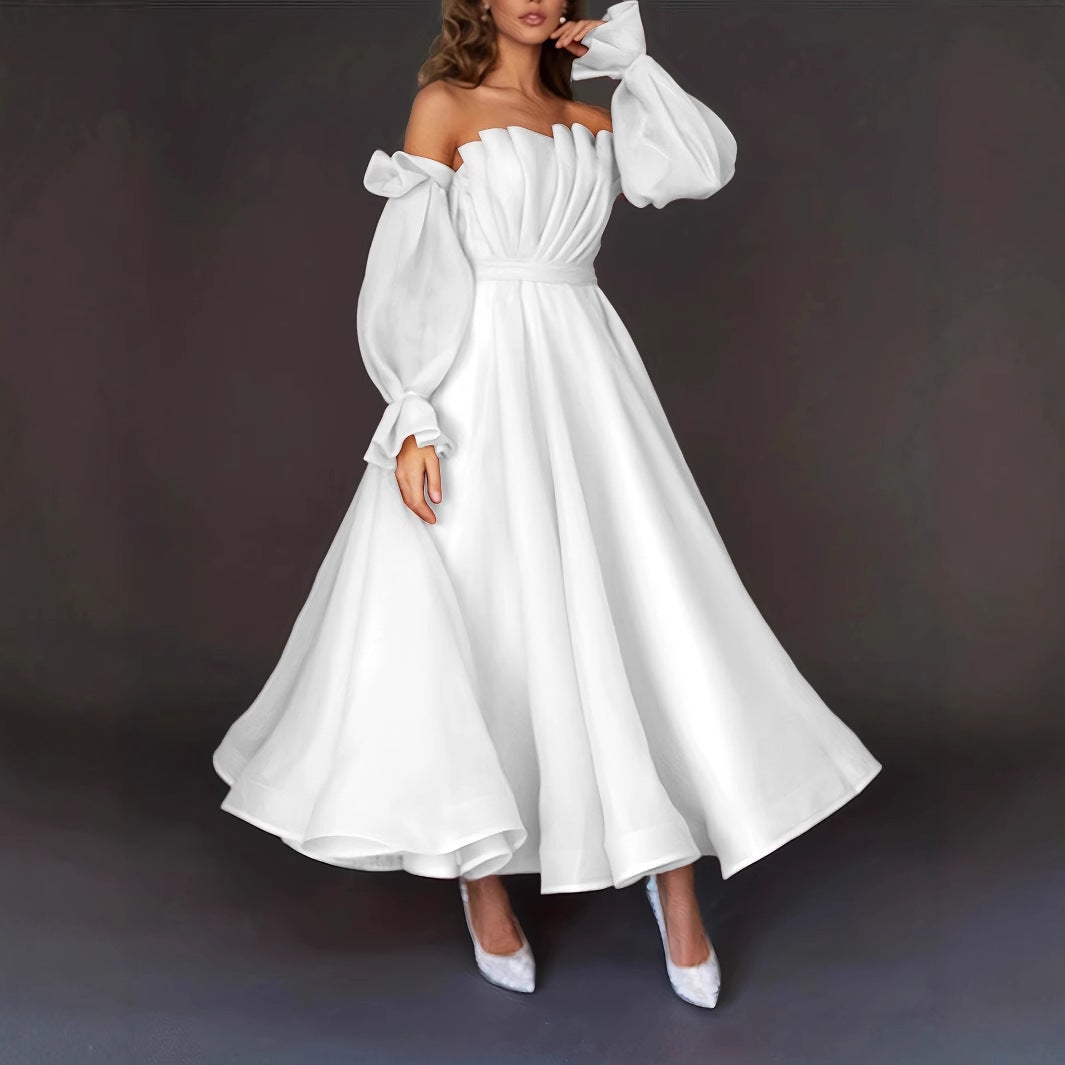 Elegant Off-Shoulder Lantern Sleeve Maxi Dress - Pleated Princess Style Evening Gown for Women